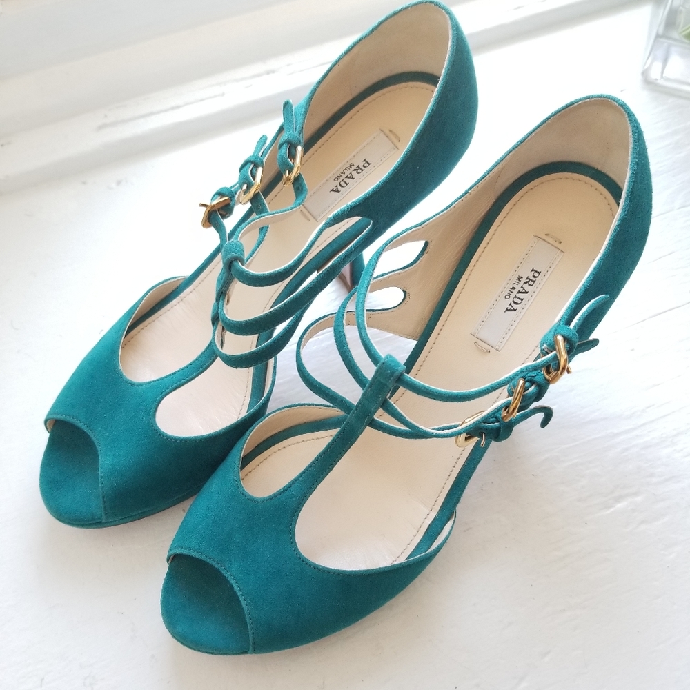 Prada Leather T-strap Open Toe Heels Teal - Picture 3 of 6